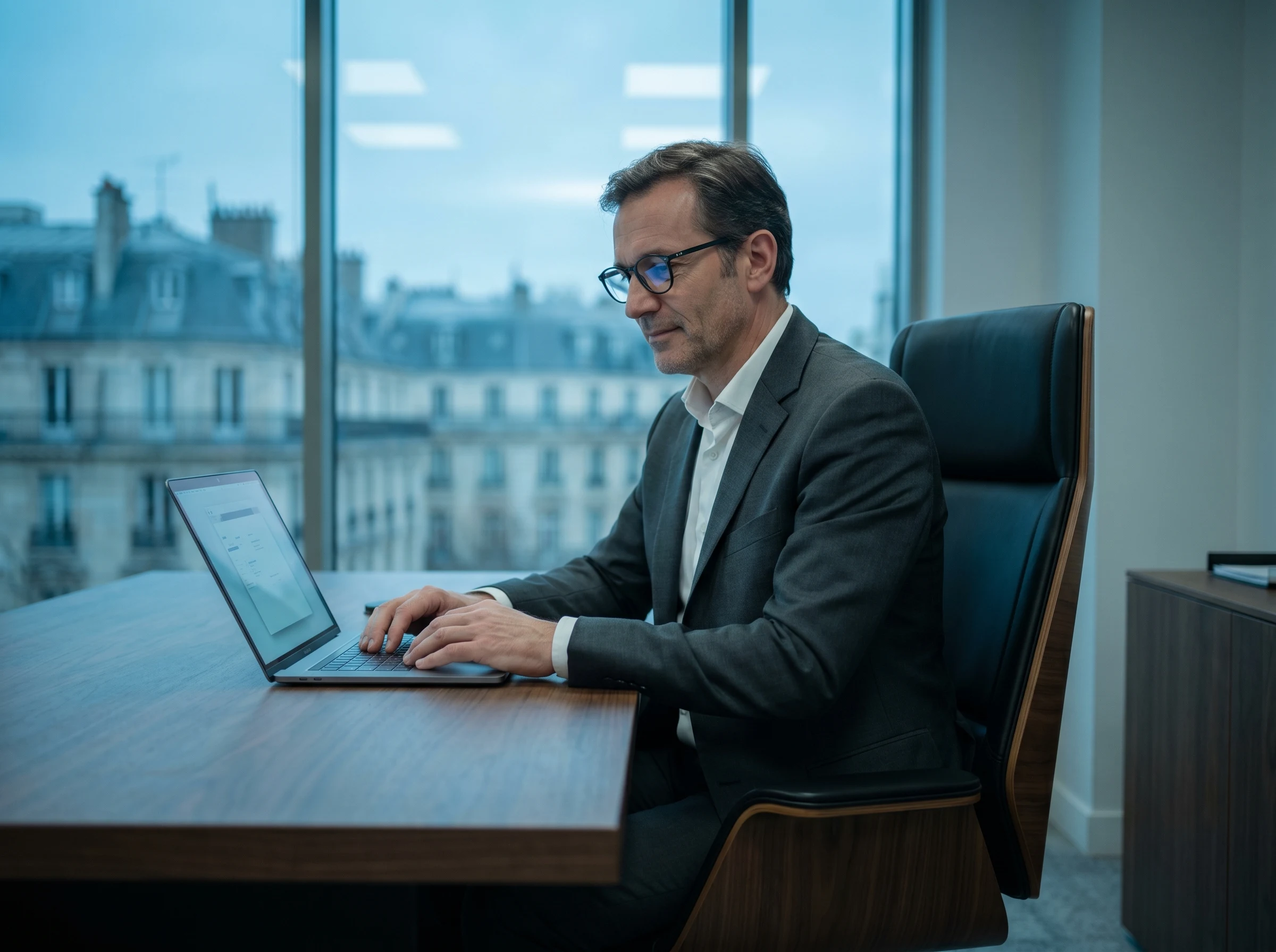 Avocat en costume gris assis sur un canapé, mains jointes, en pleine réflexion juridique — symbole d'expertise approfondie et d'accompagnement continu.