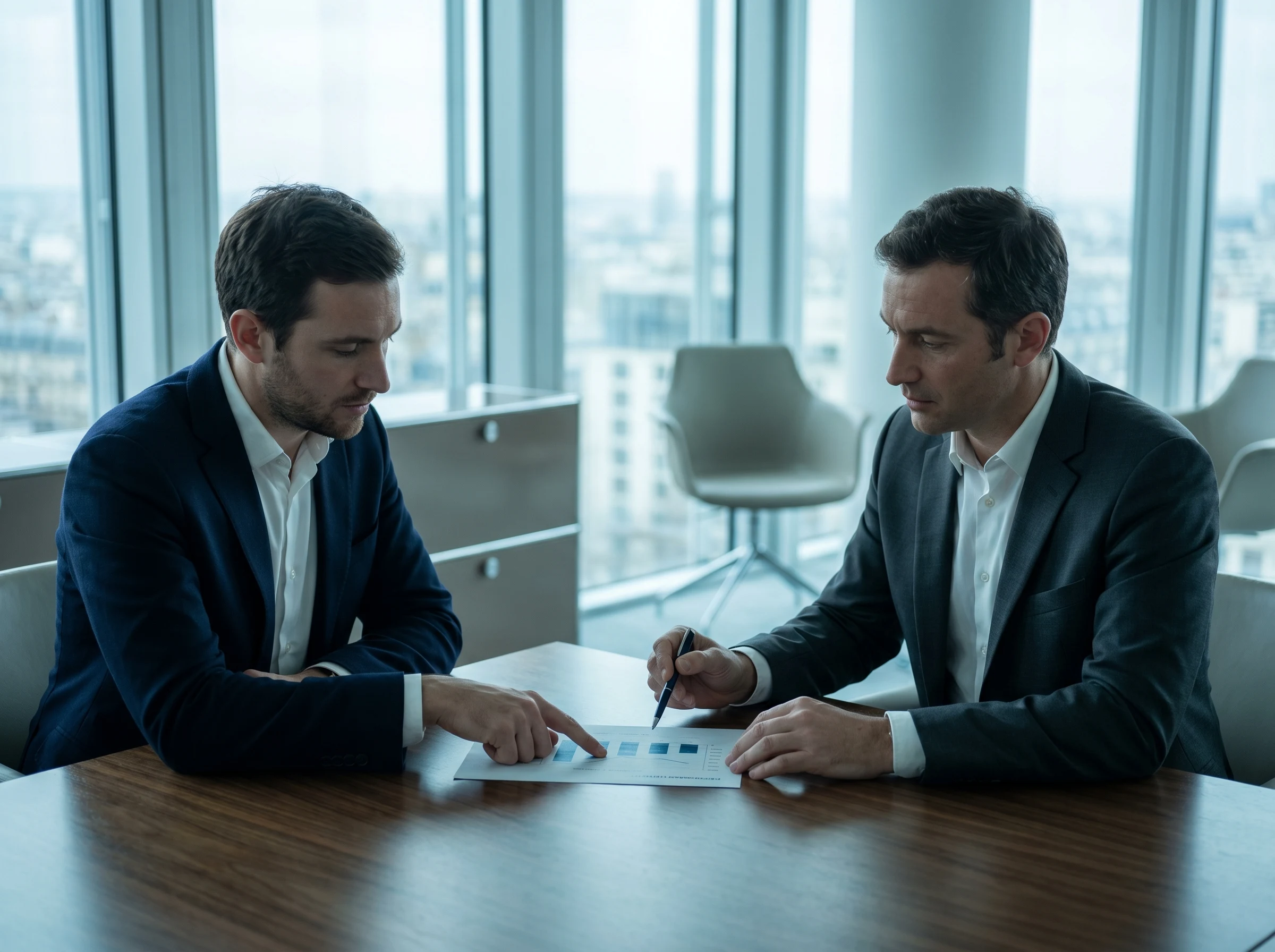 Deux consultants en costume sombre analysant un graphique de performance — symbole d'acquisition mesurée et pilotée.