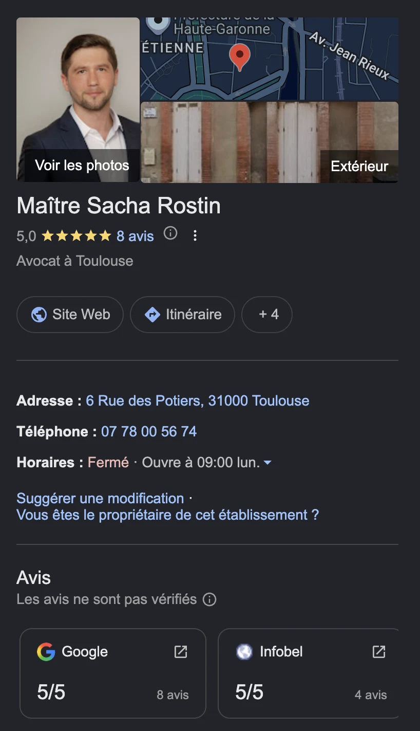 La fiche Google Business Profile de Maître Rostin : 5,0 sur 5, portrait de marque, coordonnées exactes et accès direct au site.