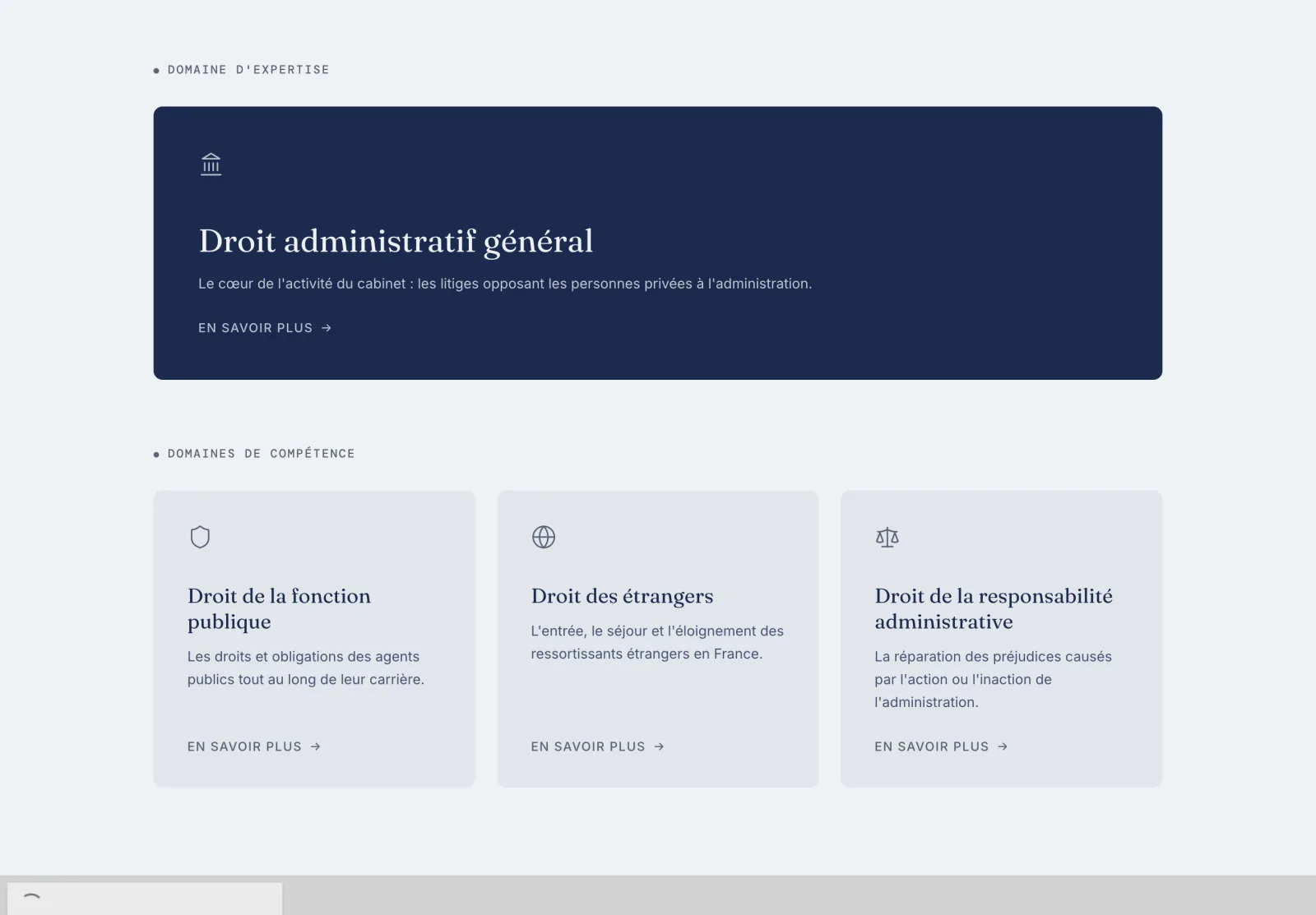 Les domaines d'intervention, structurés par expertise.