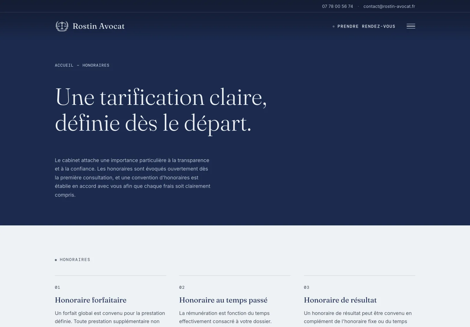 La page Honoraires — la transparence assumée.